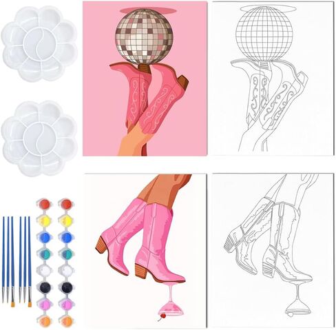 WEBEEDY 2 Pack Pre Drawn Canvas for Painting Stretched Coloring Painting Canvas Panels with Design for Lady Sip and Paint Party Favor Valentine's Day Wall Art Decor,8x10 Inch(Pink Boots Glass Ball) in Saudi Arabia