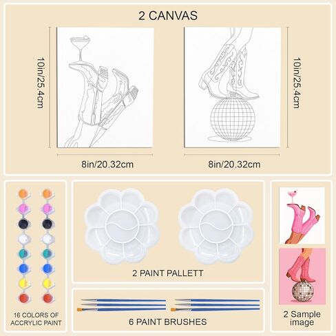 WEBEEDY 2 Pack Pre Drawn Canvas for Painting Stretched Coloring Painting Canvas Panels with Design for Lady Sip and Paint Party Favor Valentine's Day Wall Art Decor,8x10 Inch(Pink Boots Glass Ball) in Saudi Arabia