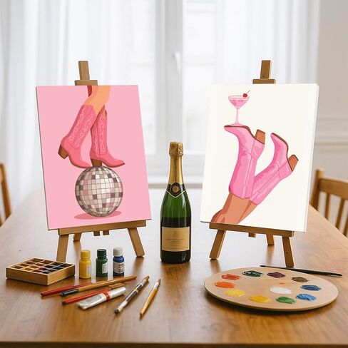 WEBEEDY 2 Pack Pre Drawn Canvas for Painting Stretched Coloring Painting Canvas Panels with Design for Lady Sip and Paint Party Favor Valentine's Day Wall Art Decor,8x10 Inch(Pink Boots Glass Ball) in Saudi Arabia