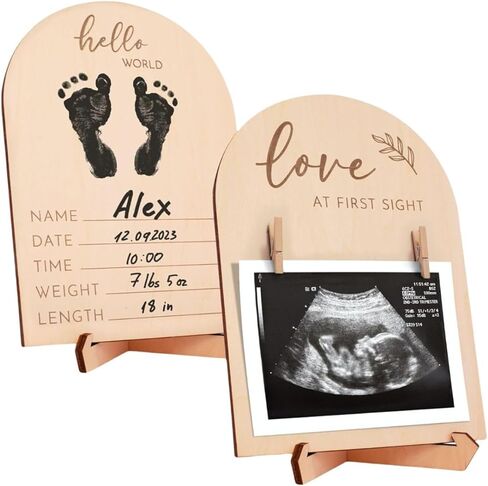 Wooden Double Sided Display Stand for Ultrasound Photo and Baby Footprint, Pregnancy Announcement Sign with Birth Details, First Time Mom Gift, 6x8 Inch Keepsake Frame with Stand and Ink Pad in Saudi Arabia