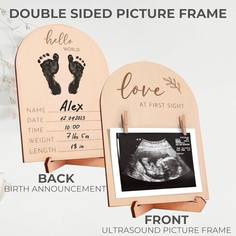 Wooden Double Sided Display Stand for Ultrasound Photo and Baby Footprint, Pregnancy Announcement Sign with Birth Details, First Time Mom Gift, 6x8 Inch Keepsake Frame with Stand and Ink Pad in Saudi Arabia