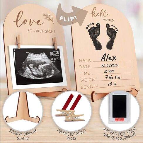 Wooden Double Sided Display Stand for Ultrasound Photo and Baby Footprint, Pregnancy Announcement Sign with Birth Details, First Time Mom Gift, 6x8 Inch Keepsake Frame with Stand and Ink Pad in Saudi Arabia