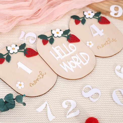Strawberry Monthly Milestone Cards – Wooden Newborn Welcome Sign, Berry Sweet Baby Photo Props, 3 PCS Wooden and Acrylic Monthly Milestone and Hello World Boards in Saudi Arabia