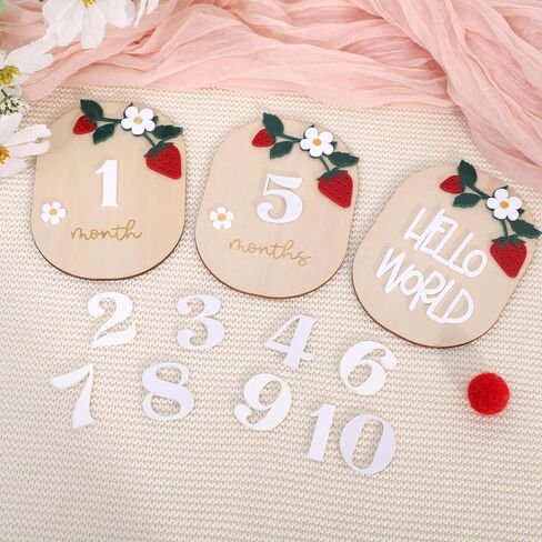 Strawberry Monthly Milestone Cards – Wooden Newborn Welcome Sign, Berry Sweet Baby Photo Props, 3 PCS Wooden and Acrylic Monthly Milestone and Hello World Boards in Saudi Arabia