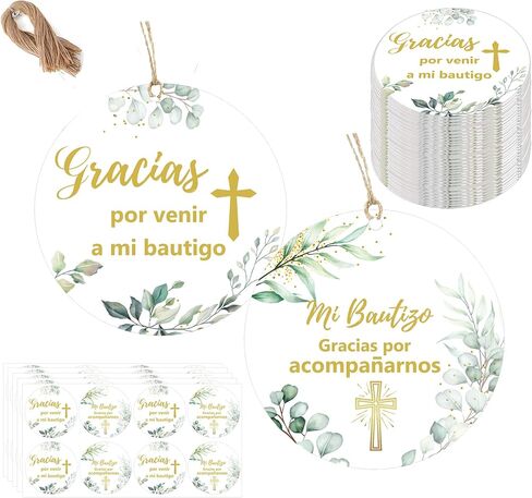 Spanish Gracias Thank You Tags and Mi Bautizo Card 96 Pcs Gold Foil Religious Baptism Favor Tags with String Cross Thank You God Blessed Gift Tag for Birthday Party Favors (Round) in Saudi Arabia