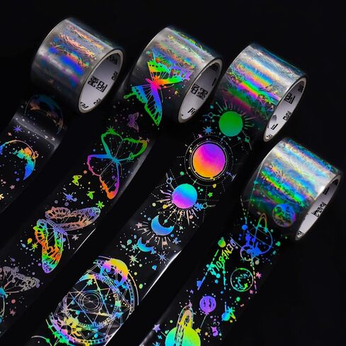 4 Roll Vintage Holographic Glitter Butterfly Astronomy PET Tape Resin Stickers Waterproof Transparent Shiny Tape Stickers for DIY Diary Planner Scrapbooking Art Craft Supplies in Saudi Arabia