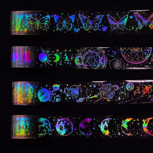 4 Roll Vintage Holographic Glitter Butterfly Astronomy PET Tape Resin Stickers Waterproof Transparent Shiny Tape Stickers for DIY Diary Planner Scrapbooking Art Craft Supplies in Saudi Arabia