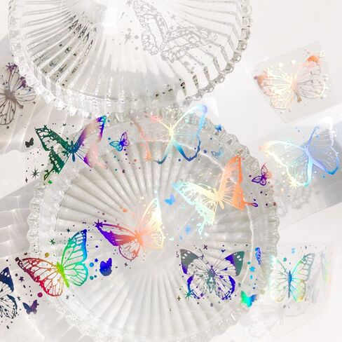 4 Roll Vintage Holographic Glitter Butterfly Astronomy PET Tape Resin Stickers Waterproof Transparent Shiny Tape Stickers for DIY Diary Planner Scrapbooking Art Craft Supplies in Saudi Arabia