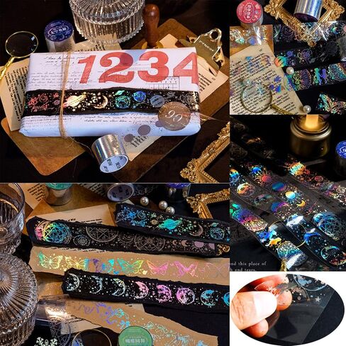 4 Roll Vintage Holographic Glitter Butterfly Astronomy PET Tape Resin Stickers Waterproof Transparent Shiny Tape Stickers for DIY Diary Planner Scrapbooking Art Craft Supplies in Saudi Arabia