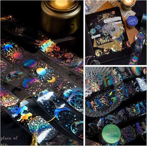 4 Roll Vintage Holographic Glitter Butterfly Astronomy PET Tape Resin Stickers Waterproof Transparent Shiny Tape Stickers for DIY Diary Planner Scrapbooking Art Craft Supplies in Saudi Arabia