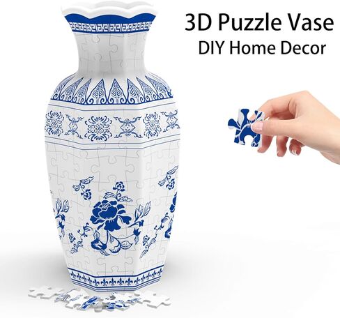 3D Puzzle Vase for Adults, Vase Puzzle Planter with 164 Curved Pieces,Water Cup & Stand, Art Jar Puzzles for House Flowers Arrangements and Home Decoration (Blue and White) in Saudi Arabia