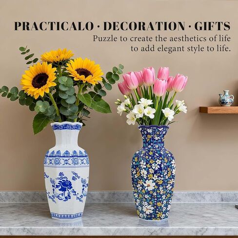 3D Puzzle Vase for Adults, Vase Puzzle Planter with 164 Curved Pieces,Water Cup & Stand, Art Jar Puzzles for House Flowers Arrangements and Home Decoration (Blue and White) in Saudi Arabia