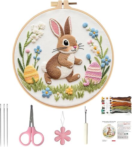 PALUPJEF Embroidery Kits for Beginners Adults, Flowers Rabbit Embroidery Starter Kits, Counted Cross Stitch Kits for Beginners Adults Hobbies Set for Women, Embroidery Hoops, Thread & Video Tutorial in Saudi Arabia