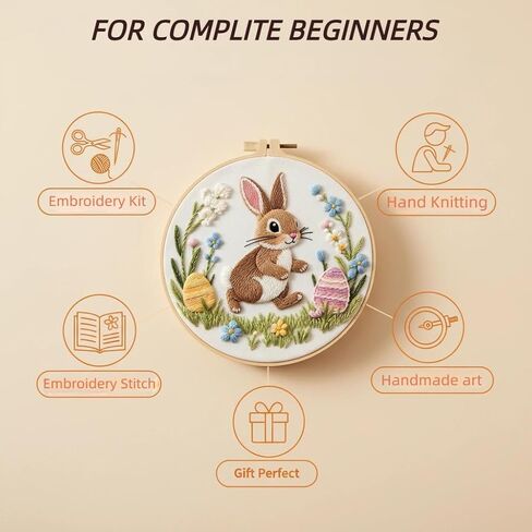 PALUPJEF Embroidery Kits for Beginners Adults, Flowers Rabbit Embroidery Starter Kits, Counted Cross Stitch Kits for Beginners Adults Hobbies Set for Women, Embroidery Hoops, Thread & Video Tutorial in Saudi Arabia
