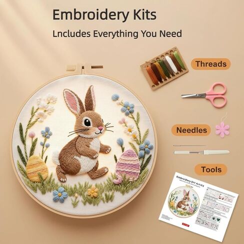 PALUPJEF Embroidery Kits for Beginners Adults, Flowers Rabbit Embroidery Starter Kits, Counted Cross Stitch Kits for Beginners Adults Hobbies Set for Women, Embroidery Hoops, Thread & Video Tutorial in Saudi Arabia