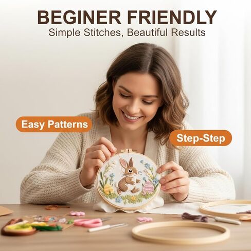 PALUPJEF Embroidery Kits for Beginners Adults, Flowers Rabbit Embroidery Starter Kits, Counted Cross Stitch Kits for Beginners Adults Hobbies Set for Women, Embroidery Hoops, Thread & Video Tutorial in Saudi Arabia