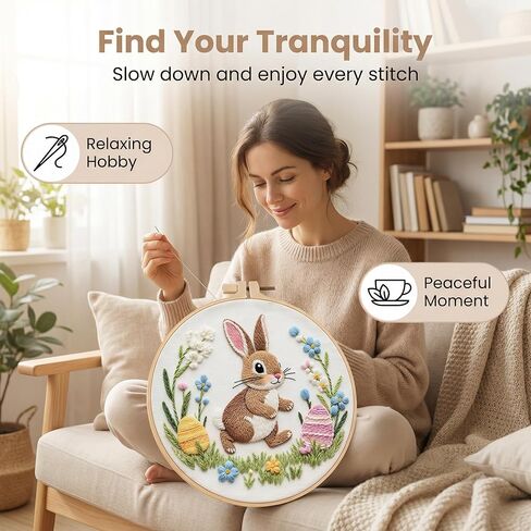 PALUPJEF Embroidery Kits for Beginners Adults, Flowers Rabbit Embroidery Starter Kits, Counted Cross Stitch Kits for Beginners Adults Hobbies Set for Women, Embroidery Hoops, Thread & Video Tutorial in Saudi Arabia