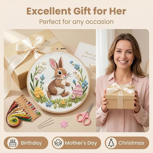 PALUPJEF Embroidery Kits for Beginners Adults, Flowers Rabbit Embroidery Starter Kits, Counted Cross Stitch Kits for Beginners Adults Hobbies Set for Women, Embroidery Hoops, Thread & Video Tutorial in Saudi Arabia