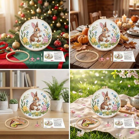 PALUPJEF Embroidery Kits for Beginners Adults, Flowers Rabbit Embroidery Starter Kits, Counted Cross Stitch Kits for Beginners Adults Hobbies Set for Women, Embroidery Hoops, Thread & Video Tutorial in Saudi Arabia