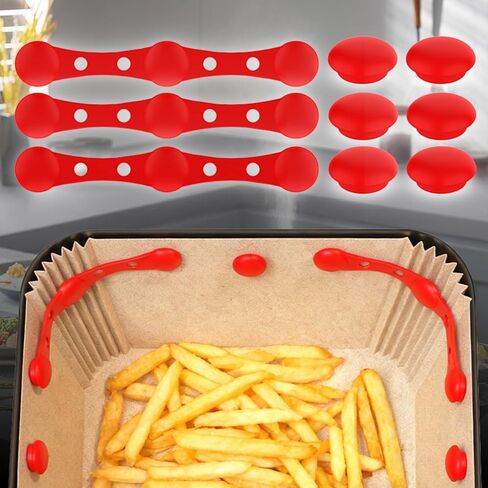 Air Fryer Magnets for Parchment Paper - 12 PCS High Temp Safe Silicone Buckles (4.1" & 0.6" Size) to Lock & Prevent Liner Burning, Universal for All Air Fryer Brands, Easy to Clean（Red） in Saudi Arabia