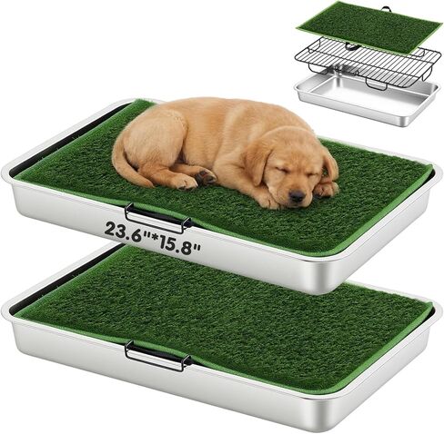 Shimeyao 2 Sets 3-layer Stainless Steel Dog Potty Tray with Artificial Grass Pad, Support Grid & Removable Stainless Steel Tray, 23.6" x 15.8" Portable & Reusable Dog Litter Box for Indoor Outdoor Use in Saudi Arabia