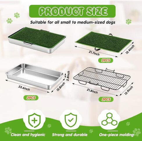 Shimeyao 2 Sets 3-layer Stainless Steel Dog Potty Tray with Artificial Grass Pad, Support Grid & Removable Stainless Steel Tray, 23.6" x 15.8" Portable & Reusable Dog Litter Box for Indoor Outdoor Use in Saudi Arabia