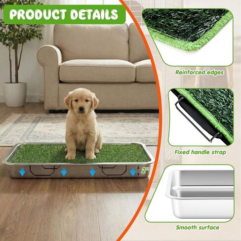 Shimeyao 2 Sets 3-layer Stainless Steel Dog Potty Tray with Artificial Grass Pad, Support Grid & Removable Stainless Steel Tray, 23.6" x 15.8" Portable & Reusable Dog Litter Box for Indoor Outdoor Use in Saudi Arabia