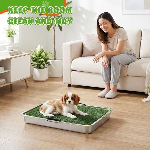 Shimeyao 2 Sets 3-layer Stainless Steel Dog Potty Tray with Artificial Grass Pad, Support Grid & Removable Stainless Steel Tray, 23.6" x 15.8" Portable & Reusable Dog Litter Box for Indoor Outdoor Use in Saudi Arabia