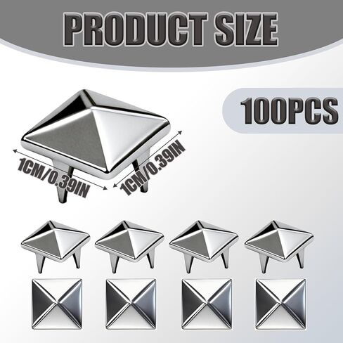 100 Sets Silver Pyramid Studs for Clothing - 10mm Metal Spikes and Studs Kit for Punk Rock Leathercraft - Four-Jaw Square Rivets for Belts Bags Pet Collars DIY Crafts in Saudi Arabia