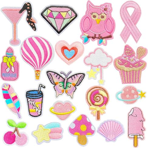 20PCS Pink Iron on Patches for Girls, Cute Style Embroidered Appliqué Patches for Clothes, Hats, Backpacks,Jeans, Skirts, Dresses, Sew on Patces for DIY Accessories (20PC, Pink) in Saudi Arabia