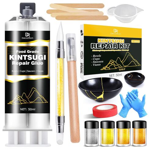 Kintsugi Repair Kit, Upgraded Food Safe Gold & Silver Kintsugi Kit for Broken Ceramics Kintsugi Gold Glue, Ceramic Glue for Pottery, Fast Curing Ceramic Repair Resin for Bowls, Cups, Vases, Saucers in Saudi Arabia
