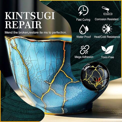 Kintsugi Repair Kit, Upgraded Food Safe Gold & Silver Kintsugi Kit for Broken Ceramics Kintsugi Gold Glue, Ceramic Glue for Pottery, Fast Curing Ceramic Repair Resin for Bowls, Cups, Vases, Saucers in Saudi Arabia