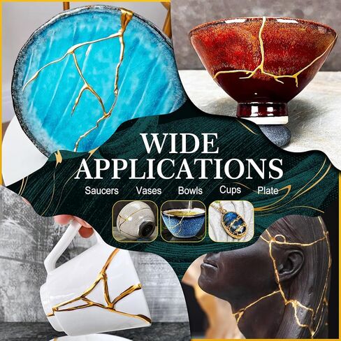 Kintsugi Repair Kit, Upgraded Food Safe Gold & Silver Kintsugi Kit for Broken Ceramics Kintsugi Gold Glue, Ceramic Glue for Pottery, Fast Curing Ceramic Repair Resin for Bowls, Cups, Vases, Saucers in Saudi Arabia