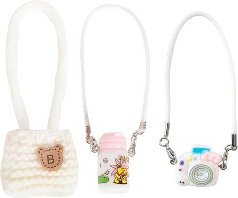 3pcs Doll Accessories Set Included White Knitted Bag, Purple Camera Charm & White Water Charm Dress Up Accessories for 17cm Doll, Mini Costume Supplies in Saudi Arabia