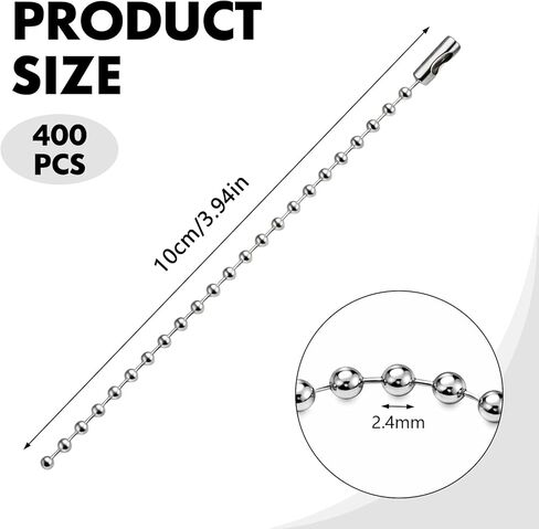 400 Pcs Long Bead Ball Chain Keychain 3.9 Inch Silver Ball Connector Clasp 2.4mm Diameter Metal Necklace Chains for Dog Tags Hanging Keychains, Jewelry Making Accessories in Saudi Arabia