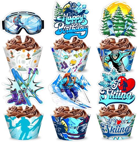 48PCS Skiing Themed Birthday Party Decorations | 24PCS Cupcake Toppers & 24PCS Cupcake Wrappers Party Favors Supplies Winter Snowboard Centerpiece Table Gifts for Boys Girls Carnival Prizes in Saudi Arabia