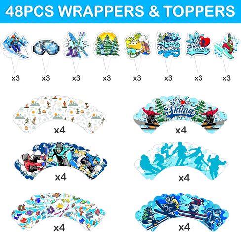 48PCS Skiing Themed Birthday Party Decorations | 24PCS Cupcake Toppers & 24PCS Cupcake Wrappers Party Favors Supplies Winter Snowboard Centerpiece Table Gifts for Boys Girls Carnival Prizes in Saudi Arabia