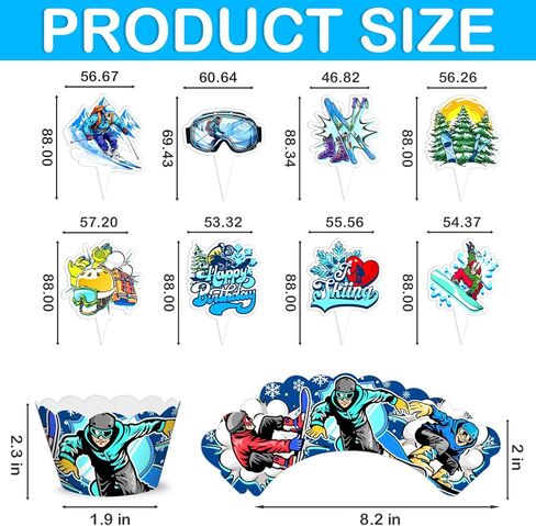 48PCS Skiing Themed Birthday Party Decorations | 24PCS Cupcake Toppers & 24PCS Cupcake Wrappers Party Favors Supplies Winter Snowboard Centerpiece Table Gifts for Boys Girls Carnival Prizes in Saudi Arabia