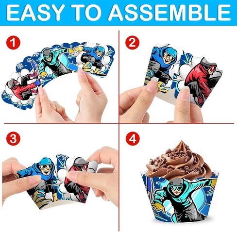 48PCS Skiing Themed Birthday Party Decorations | 24PCS Cupcake Toppers & 24PCS Cupcake Wrappers Party Favors Supplies Winter Snowboard Centerpiece Table Gifts for Boys Girls Carnival Prizes in Saudi Arabia