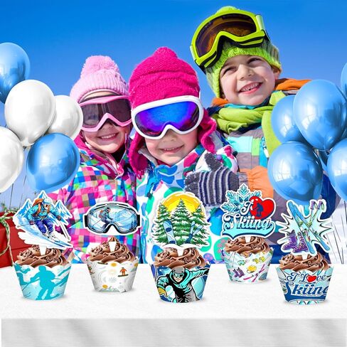48PCS Skiing Themed Birthday Party Decorations | 24PCS Cupcake Toppers & 24PCS Cupcake Wrappers Party Favors Supplies Winter Snowboard Centerpiece Table Gifts for Boys Girls Carnival Prizes in Saudi Arabia