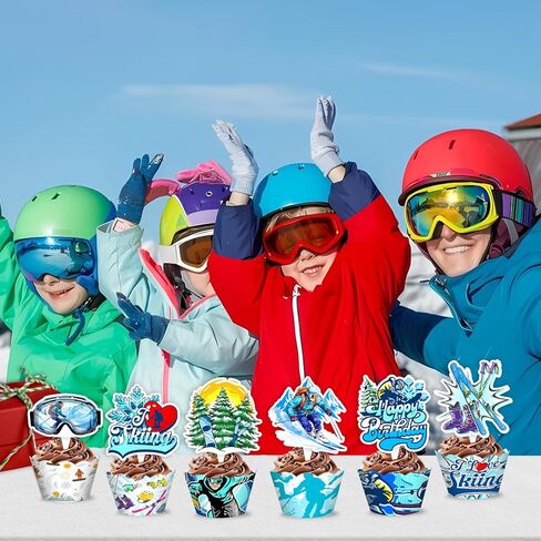 48PCS Skiing Themed Birthday Party Decorations | 24PCS Cupcake Toppers & 24PCS Cupcake Wrappers Party Favors Supplies Winter Snowboard Centerpiece Table Gifts for Boys Girls Carnival Prizes in Saudi Arabia