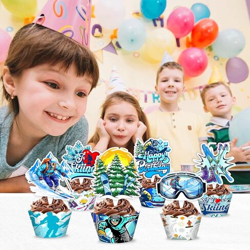 48PCS Skiing Themed Birthday Party Decorations | 24PCS Cupcake Toppers & 24PCS Cupcake Wrappers Party Favors Supplies Winter Snowboard Centerpiece Table Gifts for Boys Girls Carnival Prizes in Saudi Arabia