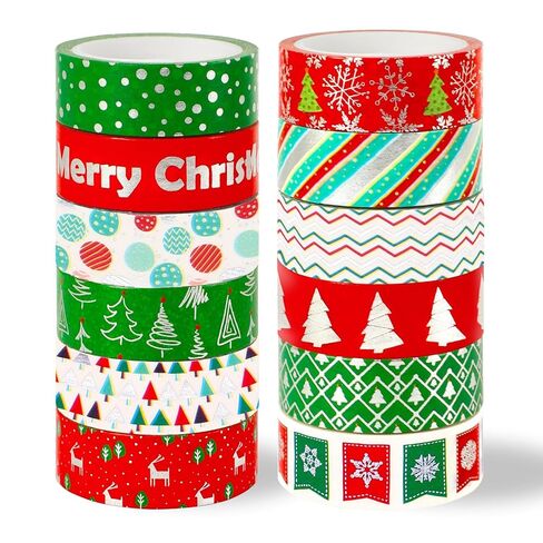 SANNIX 12 Rolls Christmas Washi Tapes 15mm Wide Christmas Masking Tape with 12Pcs Xmas Gift Stickers for Holiday Scrapbooking DIY Crafts in Saudi Arabia