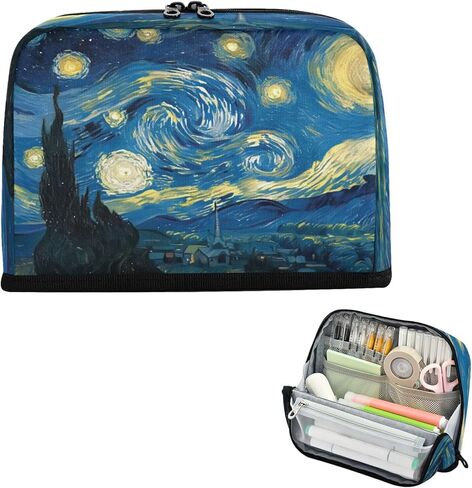 منظم مقلمة الفن Starry Night Art، حقيبة أقلام واقفة ذات سعة كبيرة مع 3 حجرات، حقيبة مكياج قابلة للطي لمستلزمات السفر المدرسية والمكاتب، 8.3 × 5.9 بوصة in Kuwait