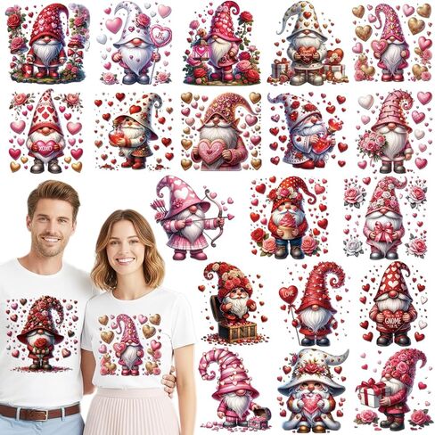 Dazoratix Valentines Iron on Transfers - 20 ورقة لطيفة لعيد الحب جنوم DTF جاهزة للضغط على رقع الحرارة ملصقات الفينيل الشارات للأطفال قمصان الملابس هوديس حقيبة وسادة ديكورات الحرف اليدوية DIY in Saudi Arabia
