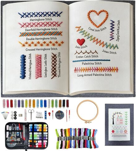 Embroidery Stitch Book Kit for Adults & DIY Craft Enthusiasts, Portable Embroidery Kit for Beginners, Includes Guide to 106 Patterns with Tools & Tutorials and 86-Piece Sewing Tool Set (1 Kit) in Saudi Arabia