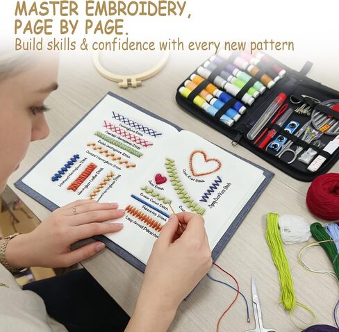 Embroidery Stitch Book Kit for Adults & DIY Craft Enthusiasts, Portable Embroidery Kit for Beginners, Includes Guide to 106 Patterns with Tools & Tutorials and 86-Piece Sewing Tool Set (1 Kit) in Saudi Arabia