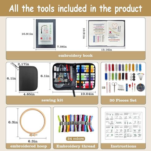 Embroidery Stitch Book Kit for Adults & DIY Craft Enthusiasts, Portable Embroidery Kit for Beginners, Includes Guide to 106 Patterns with Tools & Tutorials and 86-Piece Sewing Tool Set (1 Kit) in Saudi Arabia