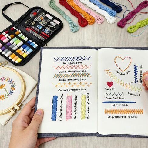 Embroidery Stitch Book Kit for Adults & DIY Craft Enthusiasts, Portable Embroidery Kit for Beginners, Includes Guide to 106 Patterns with Tools & Tutorials and 86-Piece Sewing Tool Set (1 Kit) in Saudi Arabia