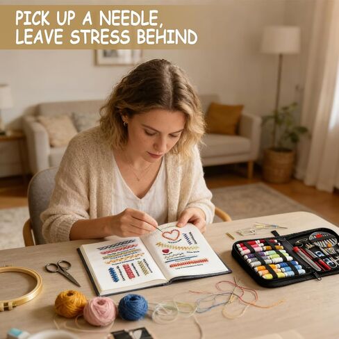 Embroidery Stitch Book Kit for Adults & DIY Craft Enthusiasts, Portable Embroidery Kit for Beginners, Includes Guide to 106 Patterns with Tools & Tutorials and 86-Piece Sewing Tool Set (1 Kit) in Saudi Arabia